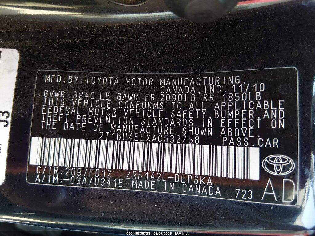 2T1BU4EEXAC532758 2010 TOYOTA COROLLA photo no. 9