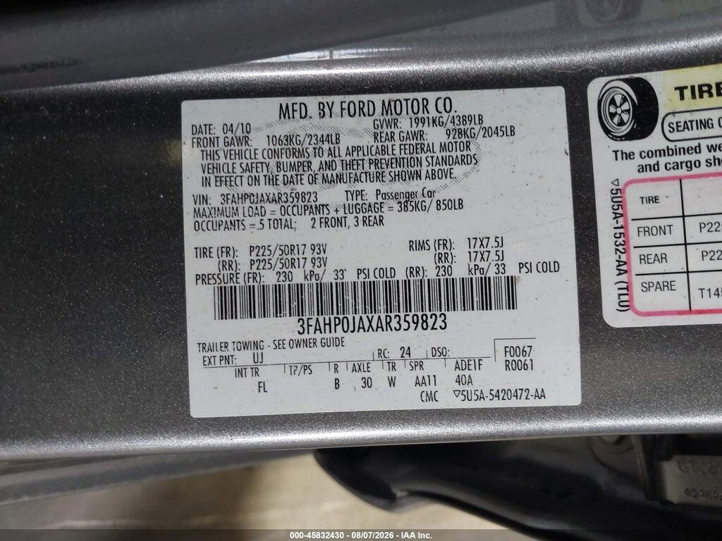 3FAHP0JAXAR359823 2010 FORD FUSION photo no. 9