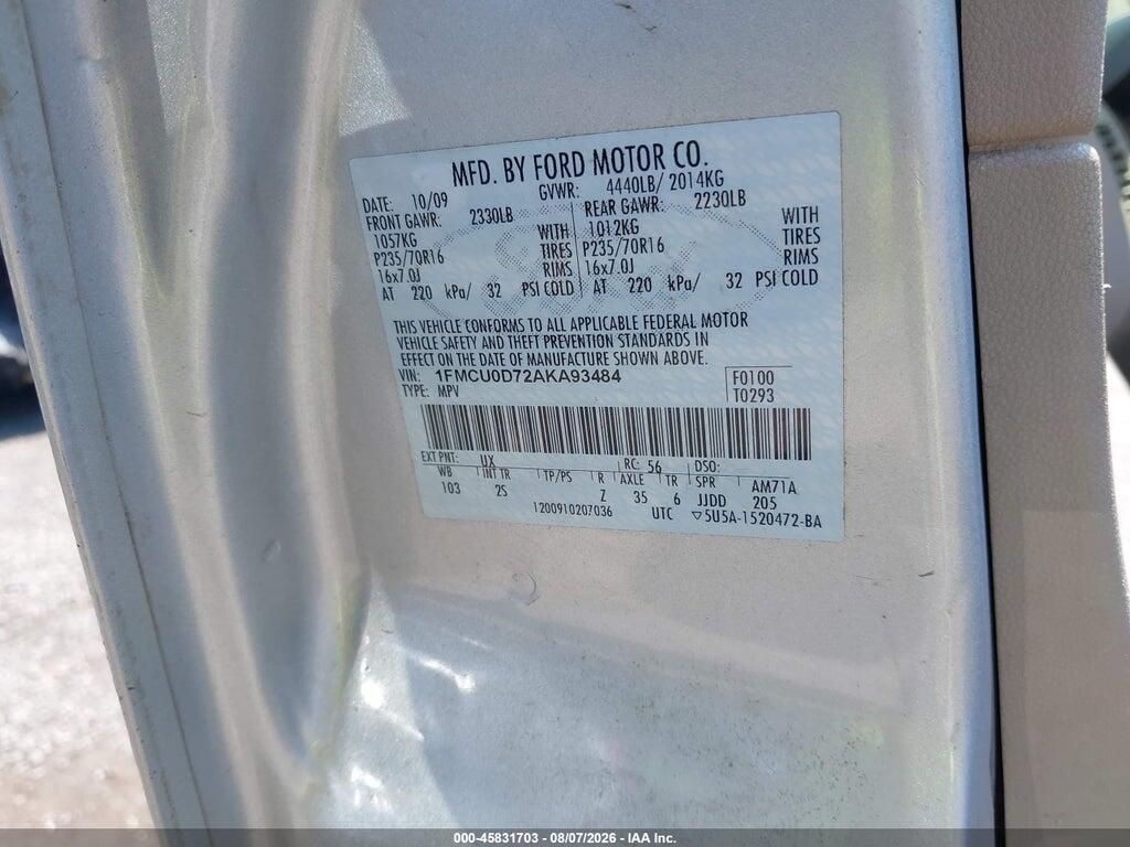 1FMCU0D72AKA93484 2010 FORD ESCAPE photo no. 9