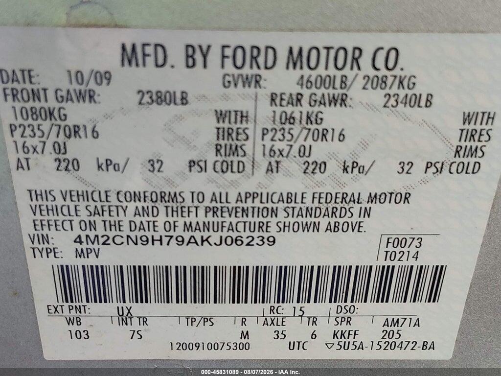 4M2CN9H79AKJ06239 2010 MERCURY MARINER photo no. 9