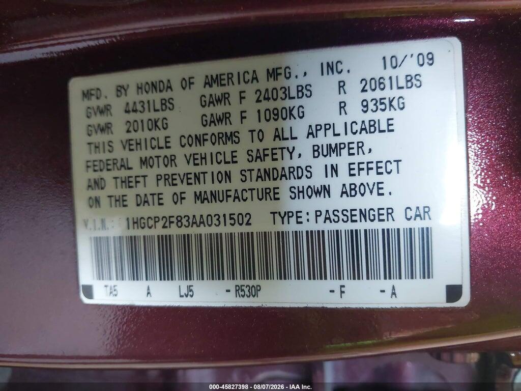 1HGCP2F83AA031502 2010 HONDA ACCORD photo no. 9