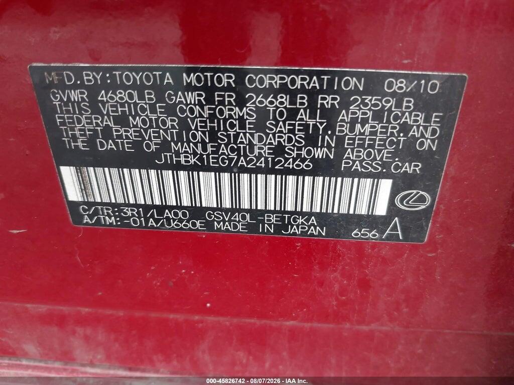 JTHBK1EG7A2412466 2010 LEXUS ES 350 photo no. 9