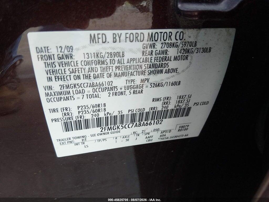 2FMGK5CC7ABA66102 2010 FORD FLEX photo no. 9