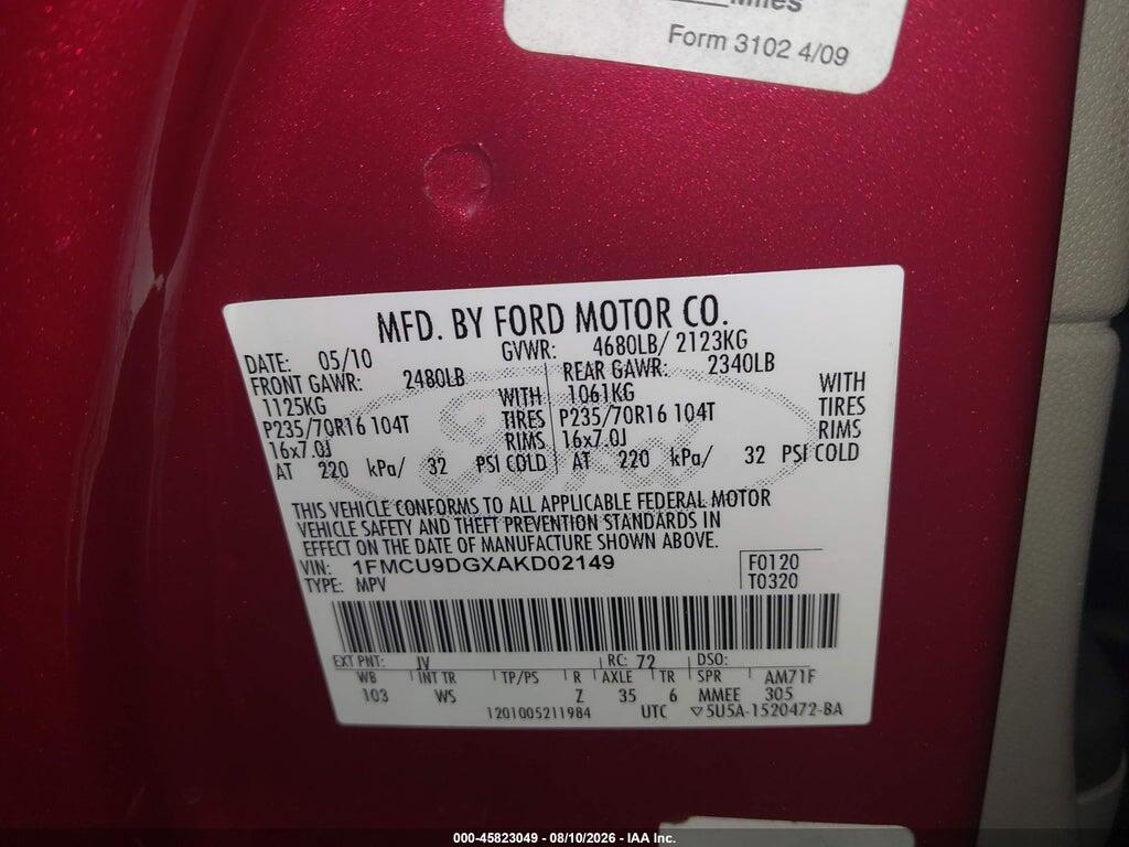 1FMCU9DGXAKD02149 2010 FORD ESCAPE photo no. 9