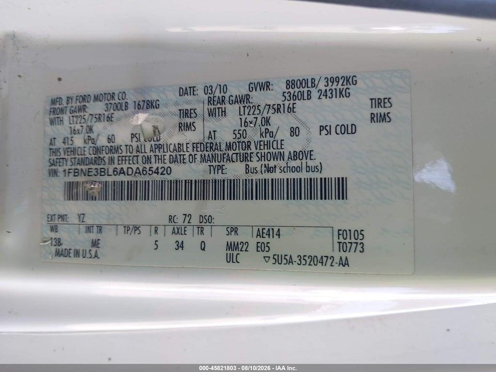 1FBNE3BL6ADA65420 2010 FORD E-350 SUPER DUTY photo no. 9