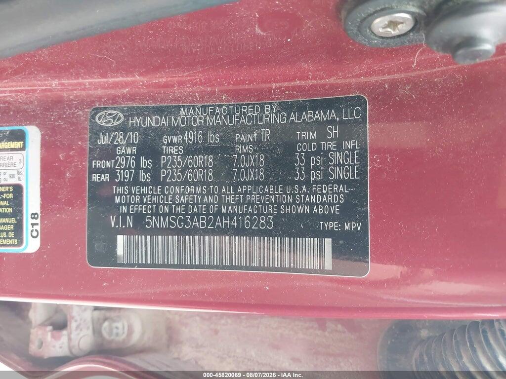 5NMSG3AB2AH416283 2010 HYUNDAI SANTA FE photo no. 7