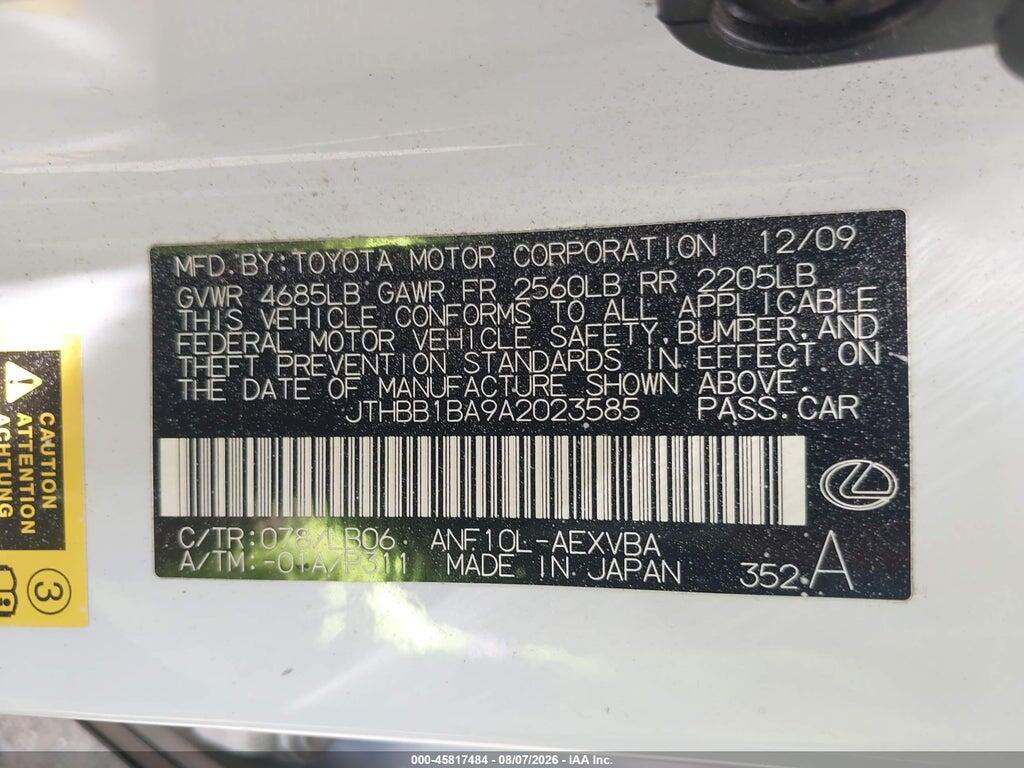 JTHBB1BA9A2023585 2010 LEXUS HS 250H photo no. 9