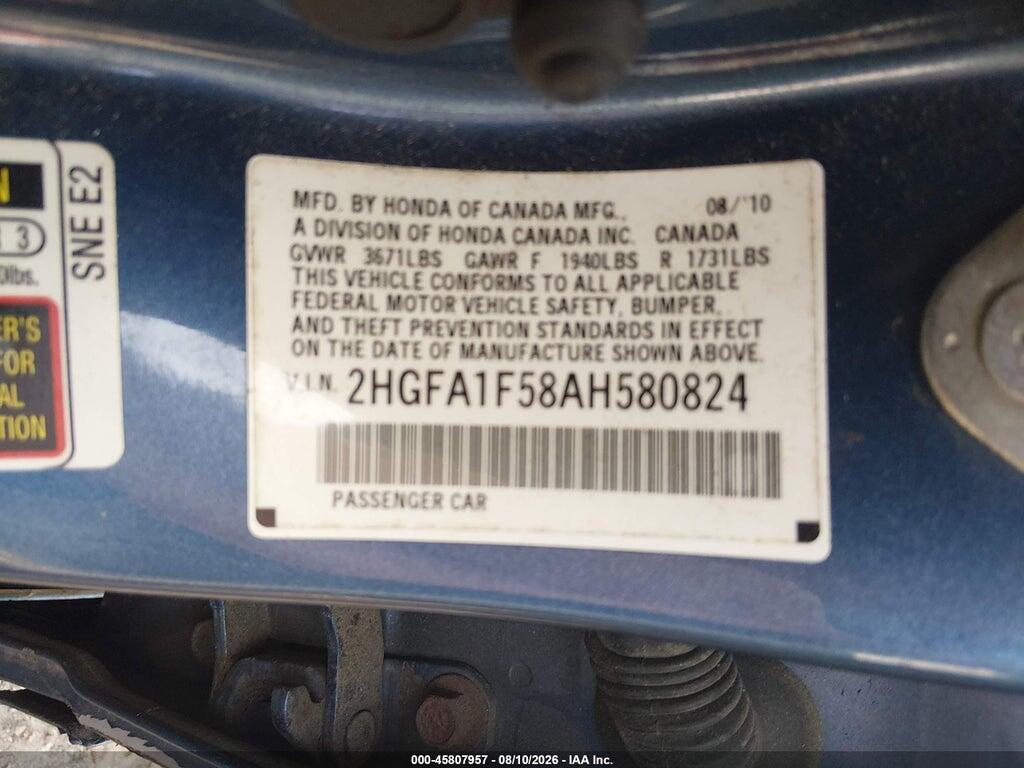2HGFA1F58AH580824 2010 HONDA CIVIC photo no. 9