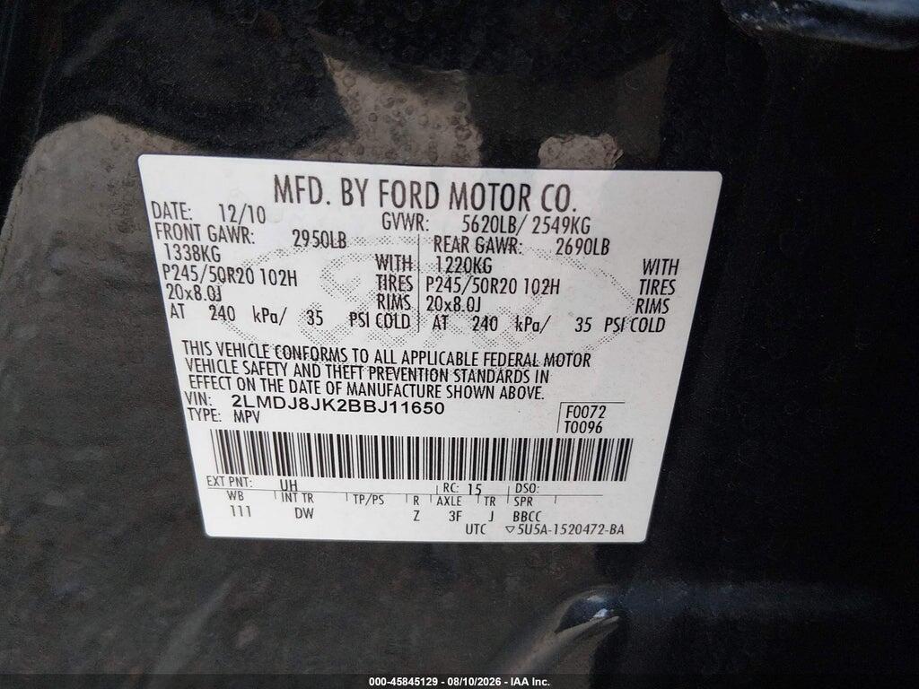 2LMDJ8JK2BBJ11650 2011 LINCOLN MKX photo no. 9