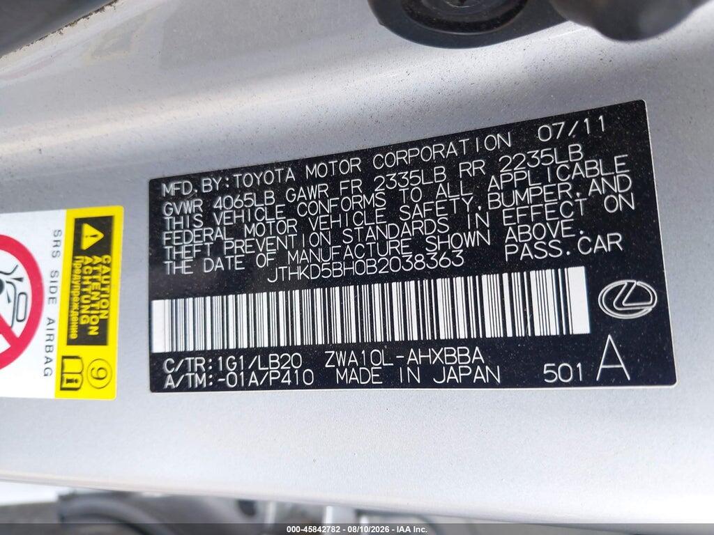 JTHKD5BH0B2038363 2011 LEXUS CT 200H photo no. 9