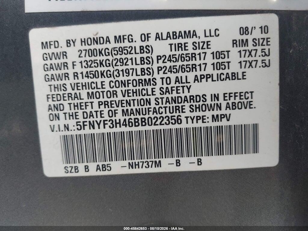 5FNYF3H46BB022356 2011 HONDA PILOT photo no. 9