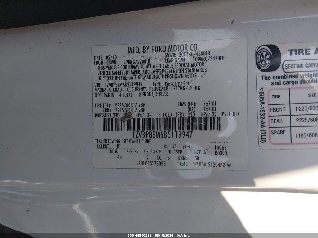 1ZVBP8EM6B5119947 2011 FORD MUSTANG photo no. 9