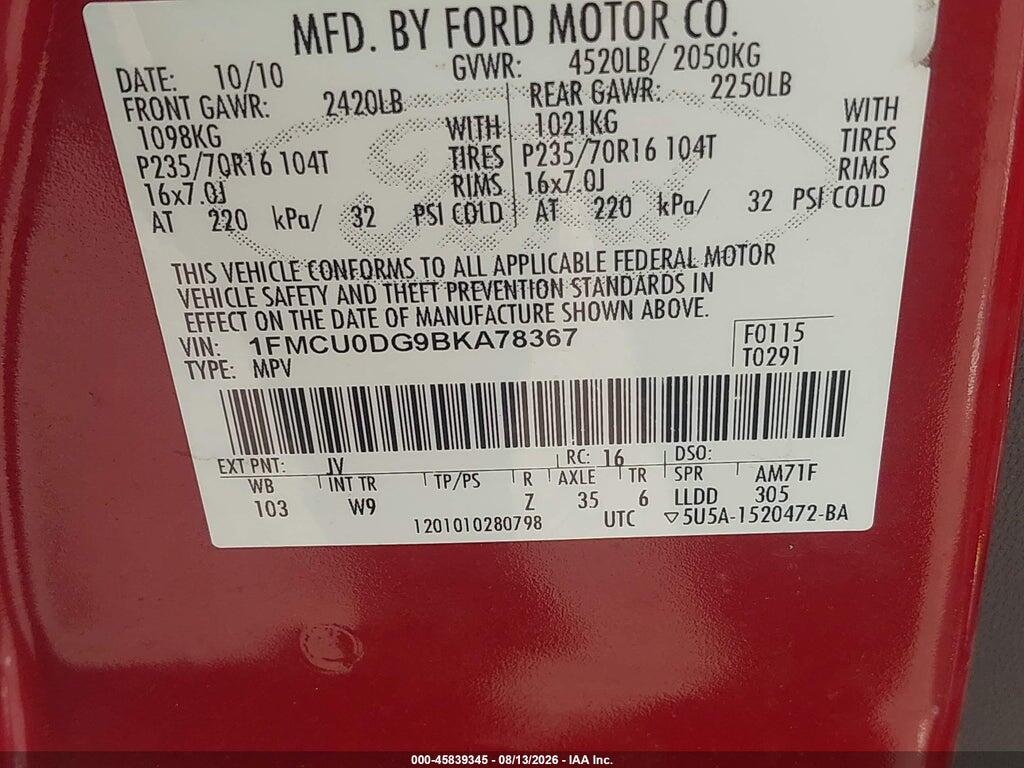 1FMCU0DG9BKA78367 2011 FORD ESCAPE photo no. 9
