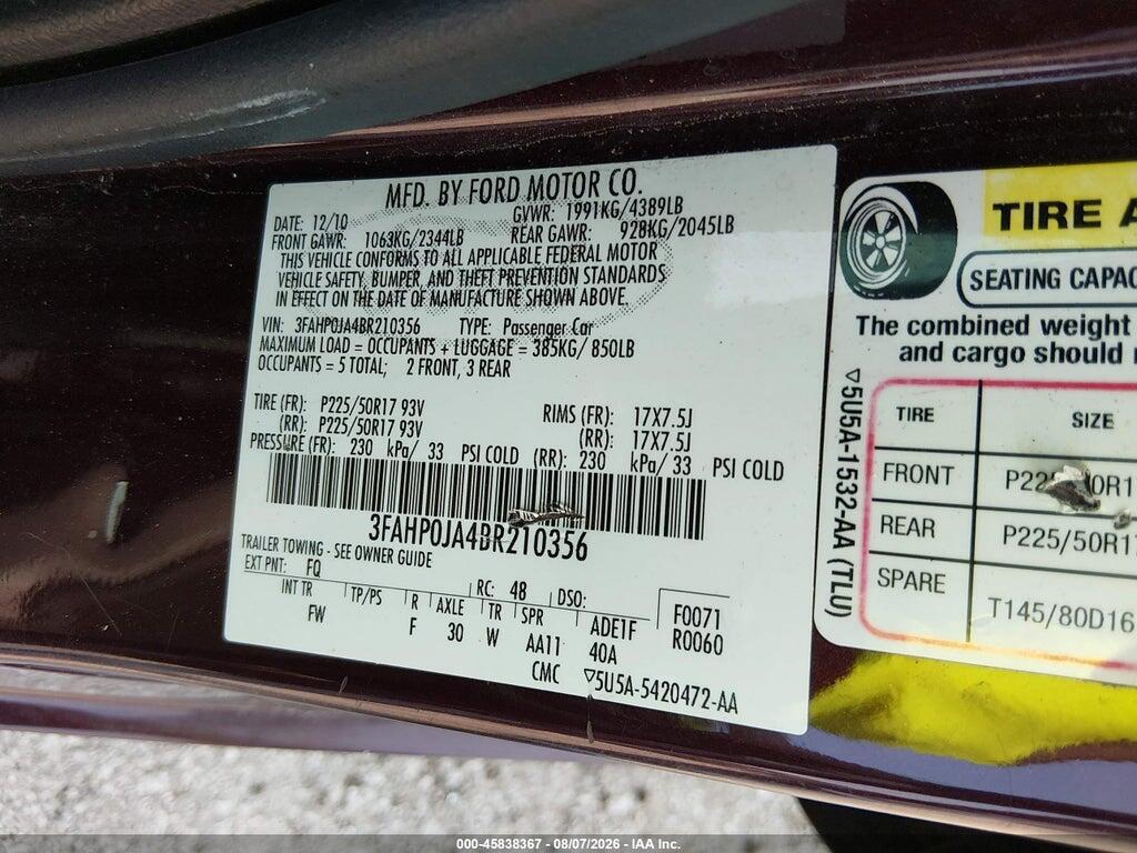 3FAHP0JA4BR210356 2011 FORD FUSION photo no. 9