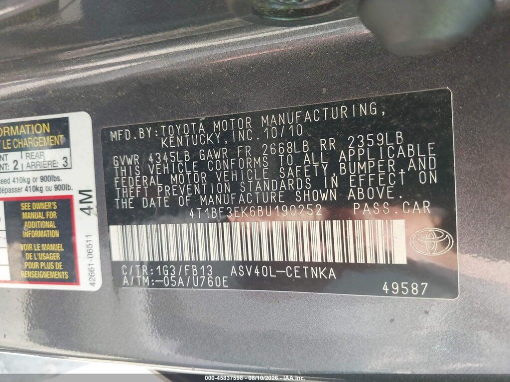 4T1BF3EK6BU190252 2011 TOYOTA CAMRY photo no. 9