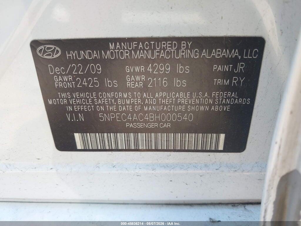 5NPEC4AC4BH000540 2011 HYUNDAI SONATA photo no. 9