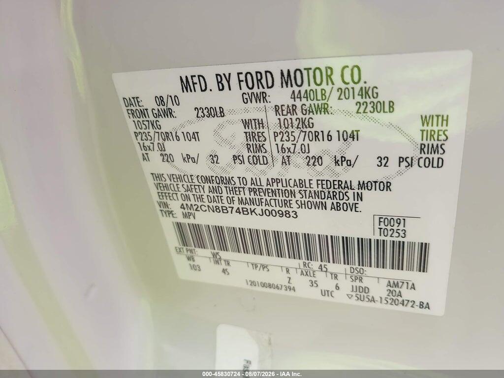 4M2CN8B74BKJ00983 2011 MERCURY MARINER photo no. 9