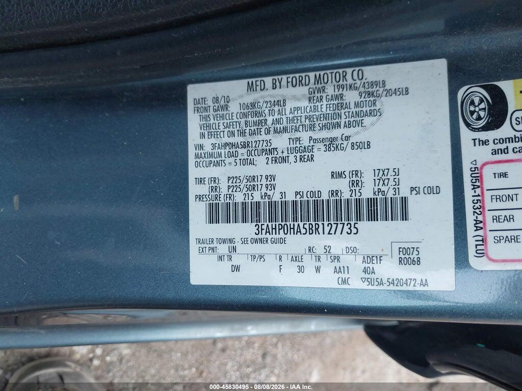 3FAHP0HA5BR127735 2011 FORD FUSION photo no. 9