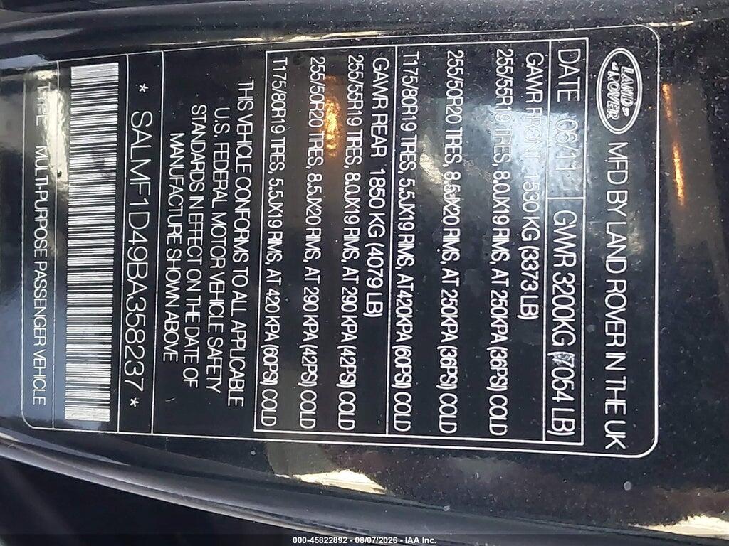 SALMF1D49BA358237 2011 LAND ROVER RANGE ROVER photo no. 9