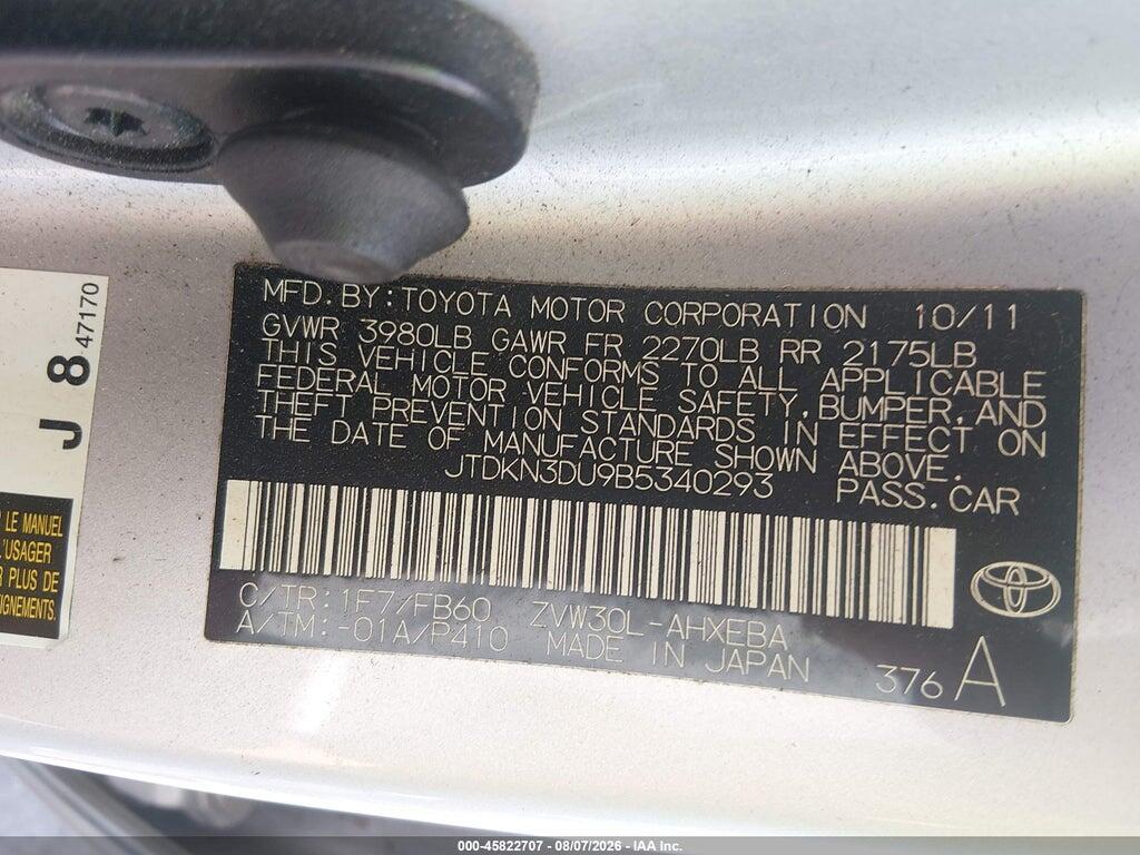 JTDKN3DU9B5340293 2011 TOYOTA PRIUS photo no. 9