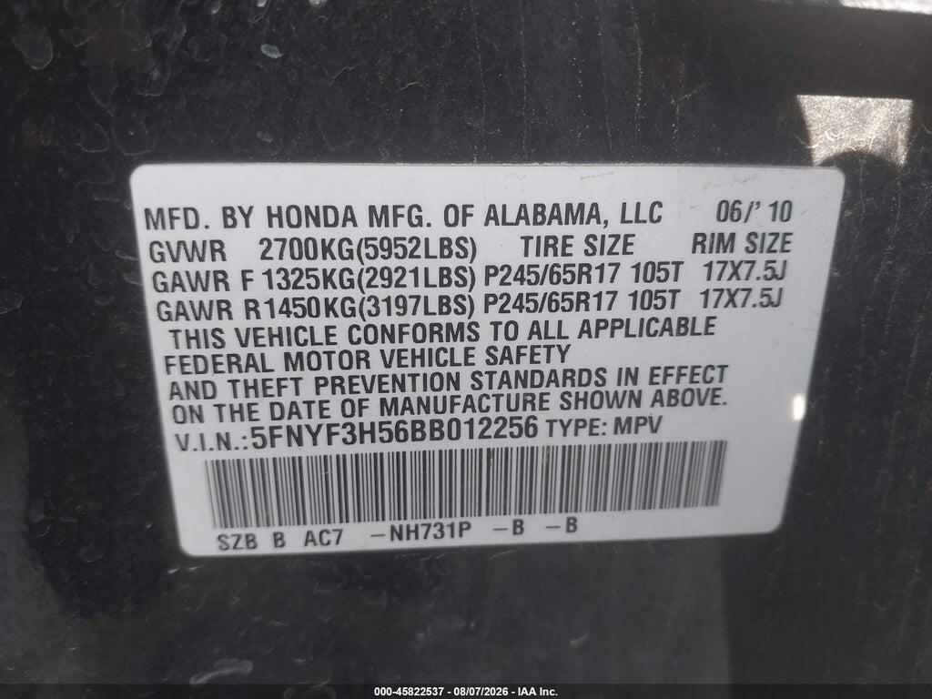 5FNYF3H56BB012256 2011 HONDA PILOT photo no. 9