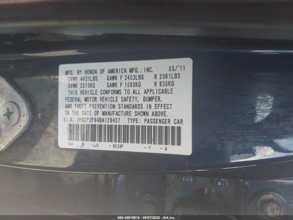 1HGCP2F84BA129407 2011 HONDA ACCORD photo no. 9