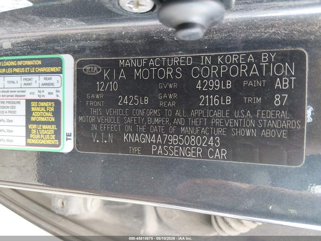 KNAGN4A79B5080243 2011 KIA OPTIMA photo no. 9
