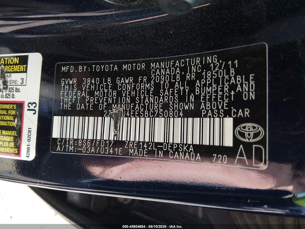 2T1BU4EE5BC750804 2011 TOYOTA COROLLA photo no. 9