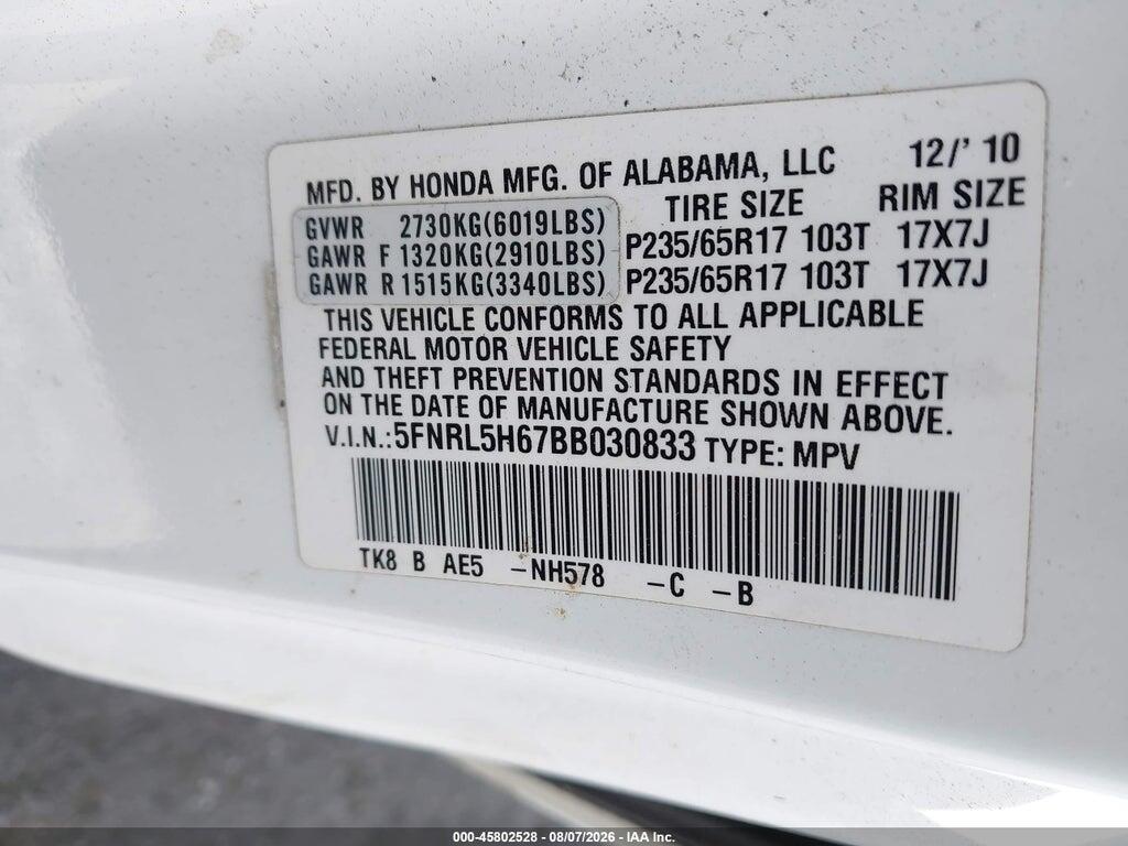 5FNRL5H67BB030833 2011 HONDA ODYSSEY photo no. 9