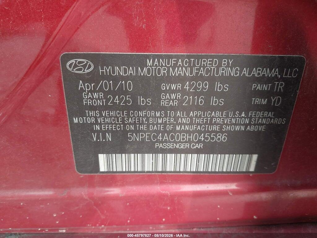 5NPEC4AC0BH045586 2011 HYUNDAI SONATA photo no. 9