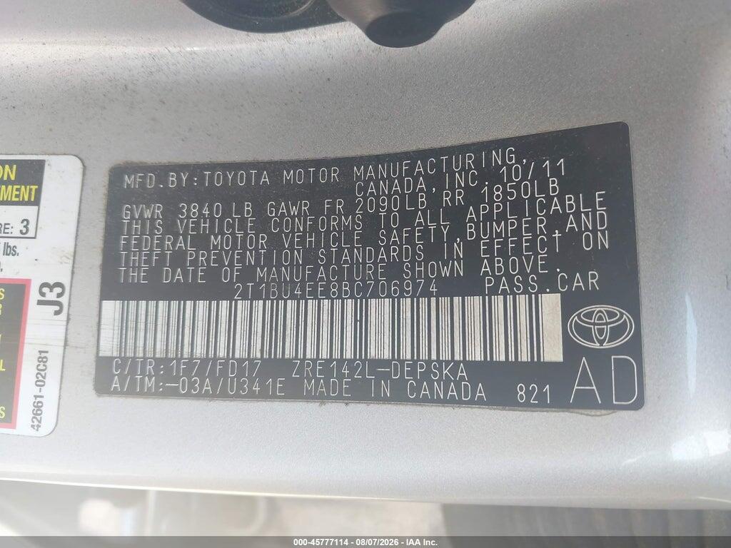2T1BU4EE8BC706974 2011 TOYOTA COROLLA photo no. 9