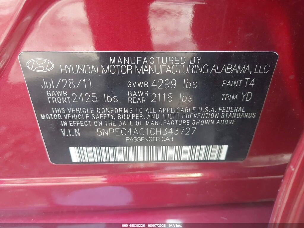 5NPEC4AC1CH343727 2012 HYUNDAI SONATA photo no. 9