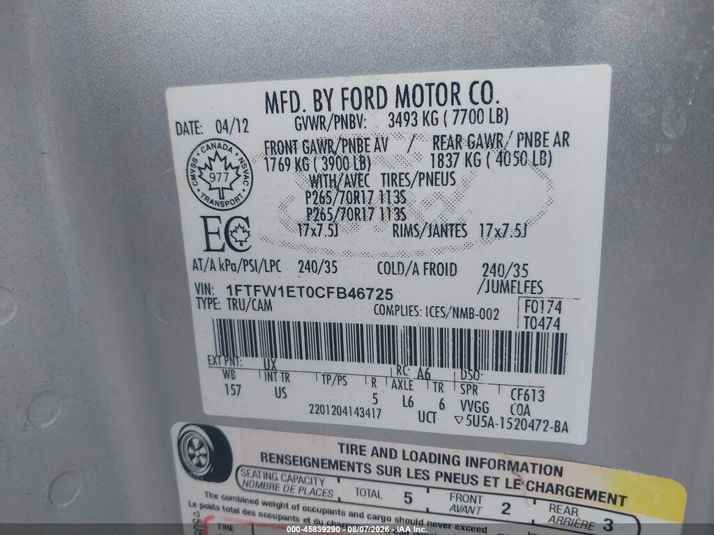 1FTFW1ET0CFB46725 2012 FORD F-150 photo no. 9