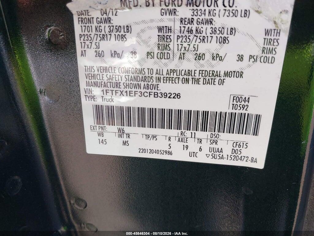 1FTFX1EF3CFB39226 2012 FORD F-150 photo no. 9