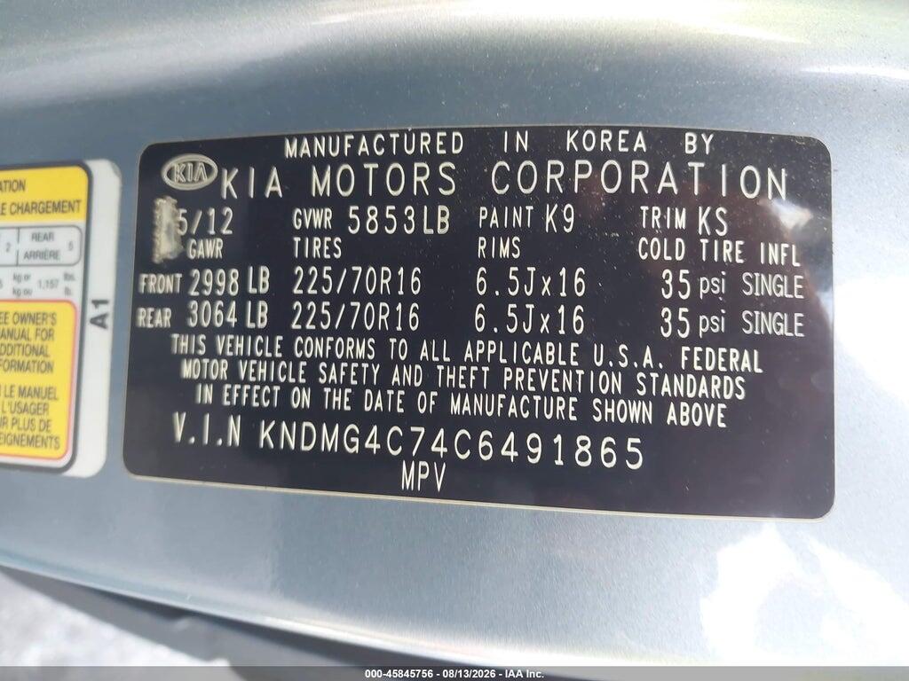 KNDMG4C74C6491865 2012 KIA SEDONA photo no. 9