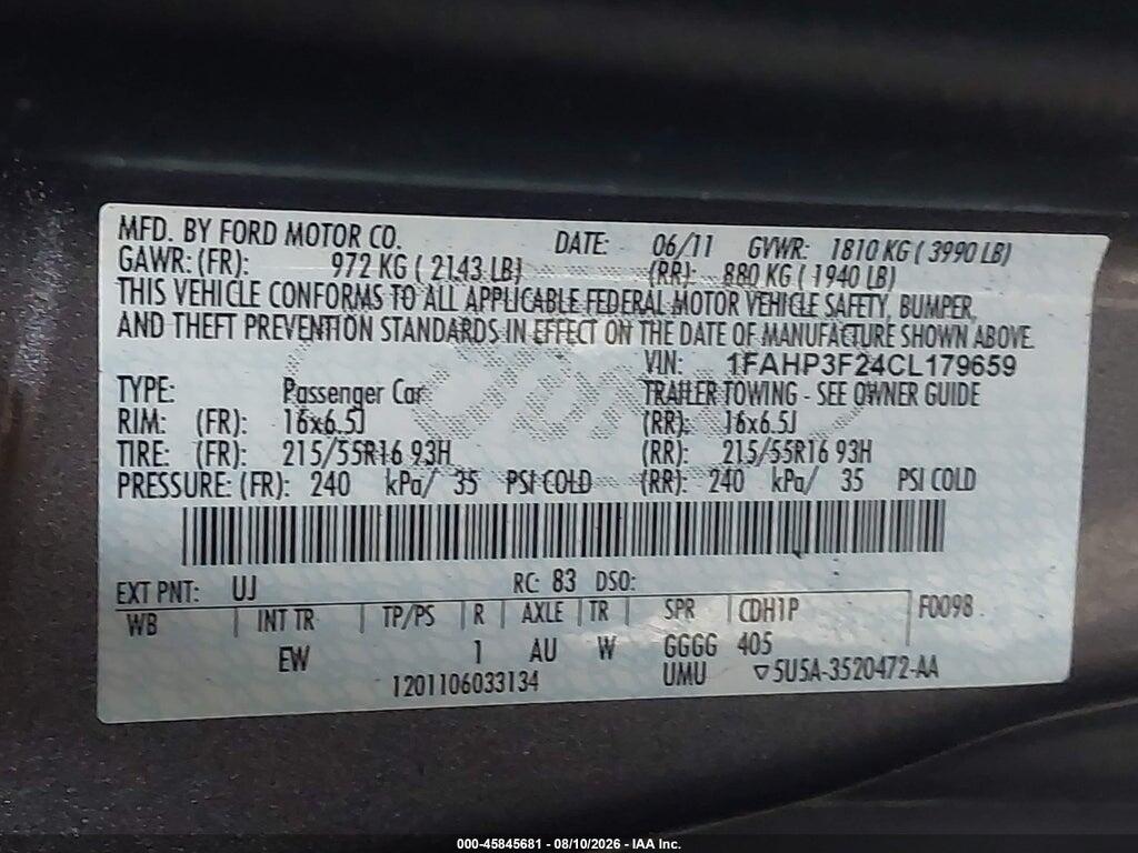 1FAHP3F24CL179659 2012 FORD FOCUS photo no. 9