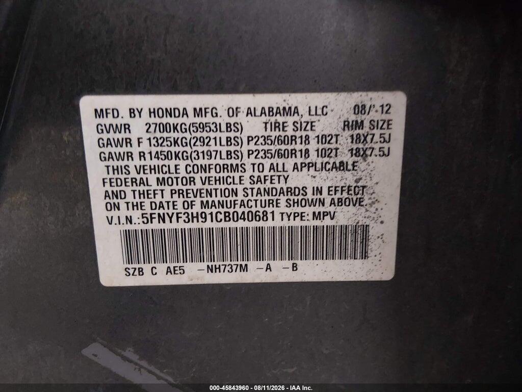 5FNYF3H91CB040681 2012 HONDA PILOT photo no. 9