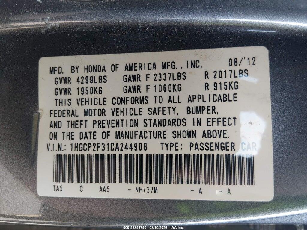 1HGCP2F31CA244908 2012 HONDA ACCORD SDN photo no. 9