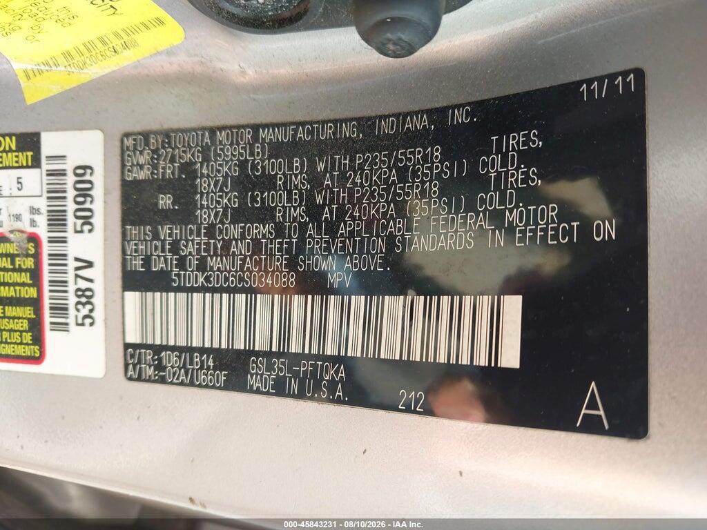 5TDDK3DC6CS034088 2012 TOYOTA SIENNA photo no. 9