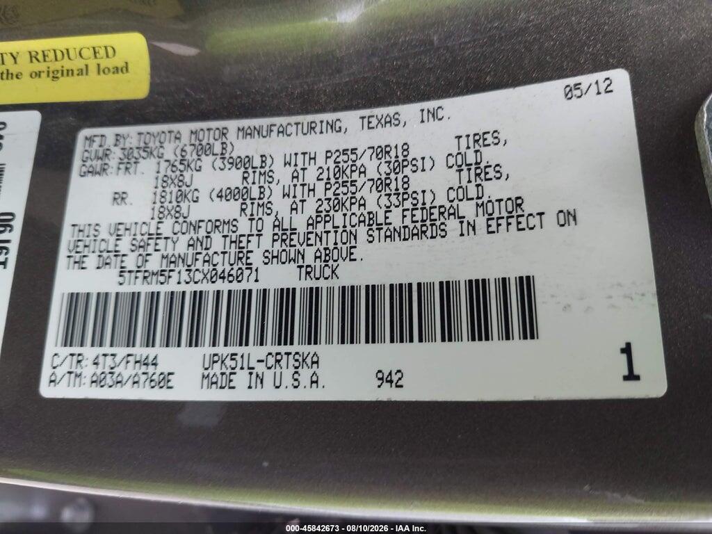 5TFRM5F13CX046071 2012 TOYOTA TUNDRA photo no. 9