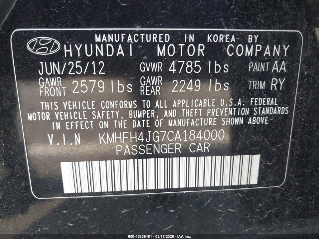 KMHFH4JG7CA184000 2012 HYUNDAI AZERA photo no. 9