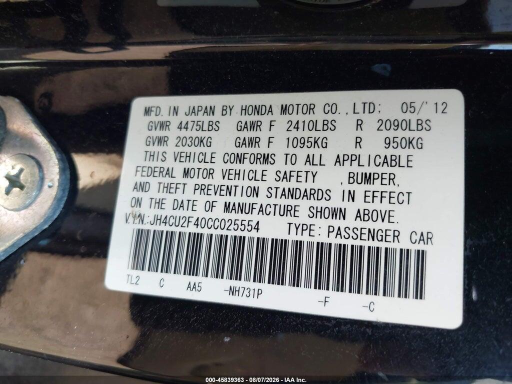 JH4CU2F40CC025554 2012 ACURA TSX photo no. 9