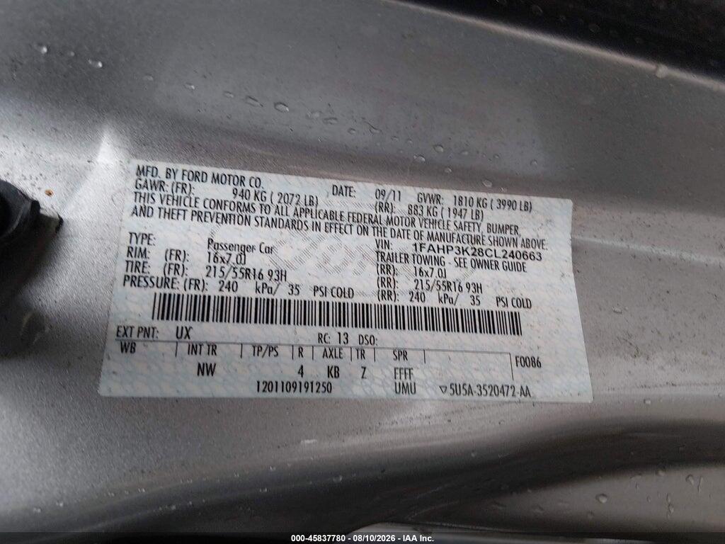 1FAHP3K28CL240663 2012 FORD FOCUS photo no. 9