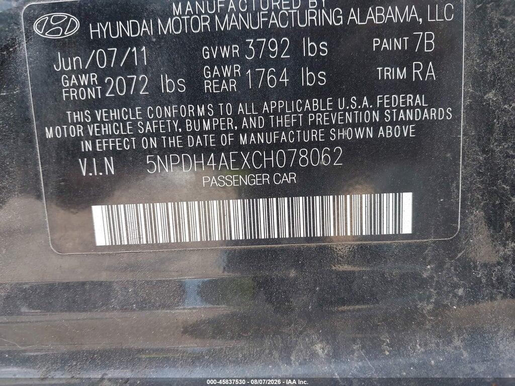 5NPDH4AEXCH078062 2012 HYUNDAI ELANTRA photo no. 9