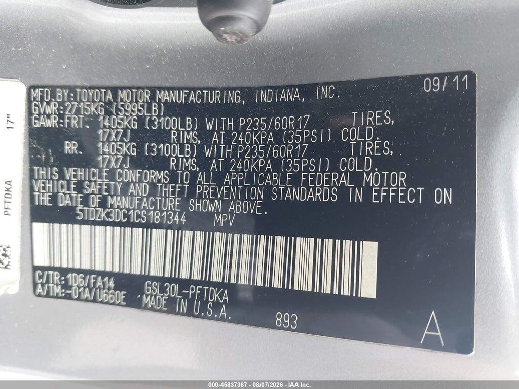 5TDZK3DC1CS181344 2012 TOYOTA SIENNA photo no. 9