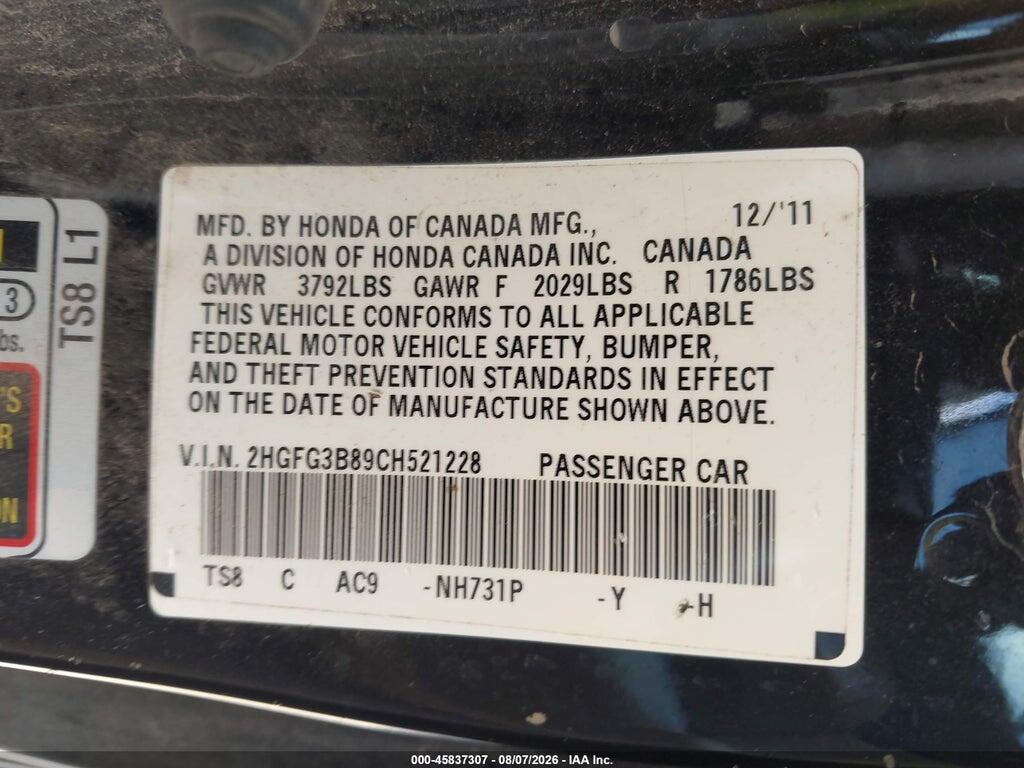 2HGFG3B89CH521228 2012 HONDA CIVIC photo no. 9