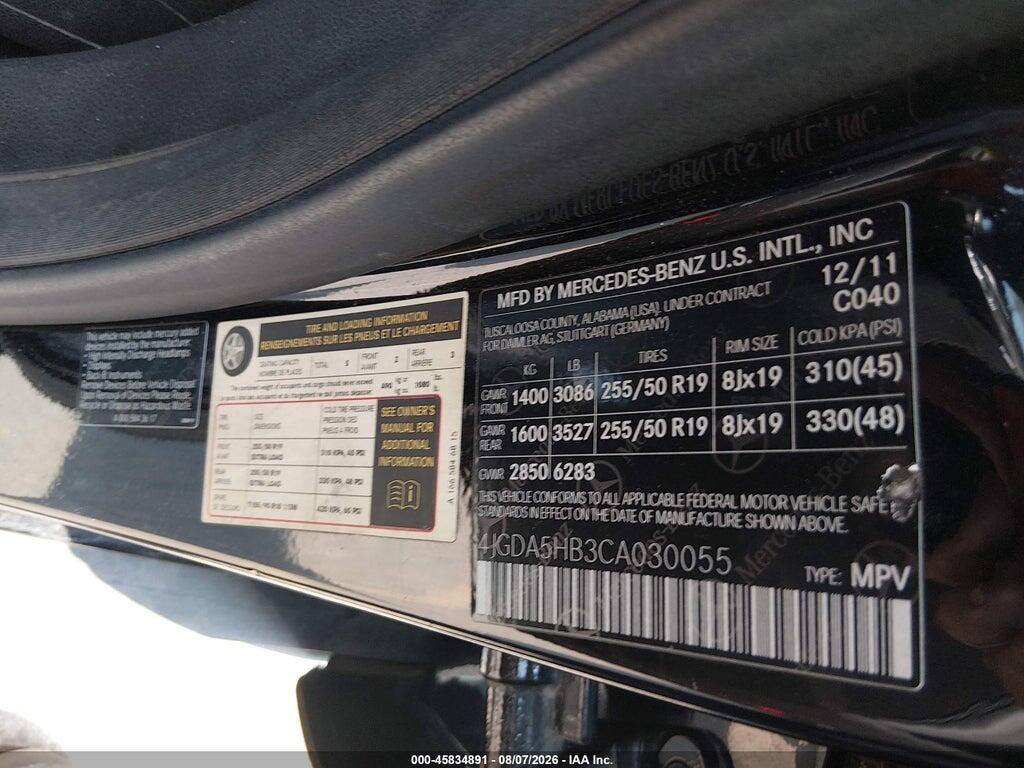 4JGDA5HB3CA030055 2012 MERCEDES-BENZ ML 350 photo no. 9