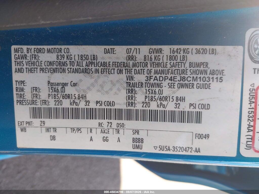 3FADP4EJ8CM103115 2012 FORD FIESTA photo no. 9