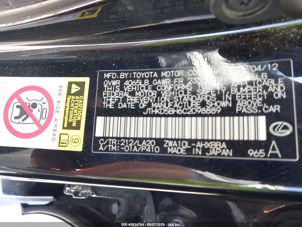 JTHKD5BH6C2098889 2012 LEXUS CT 200H photo no. 9