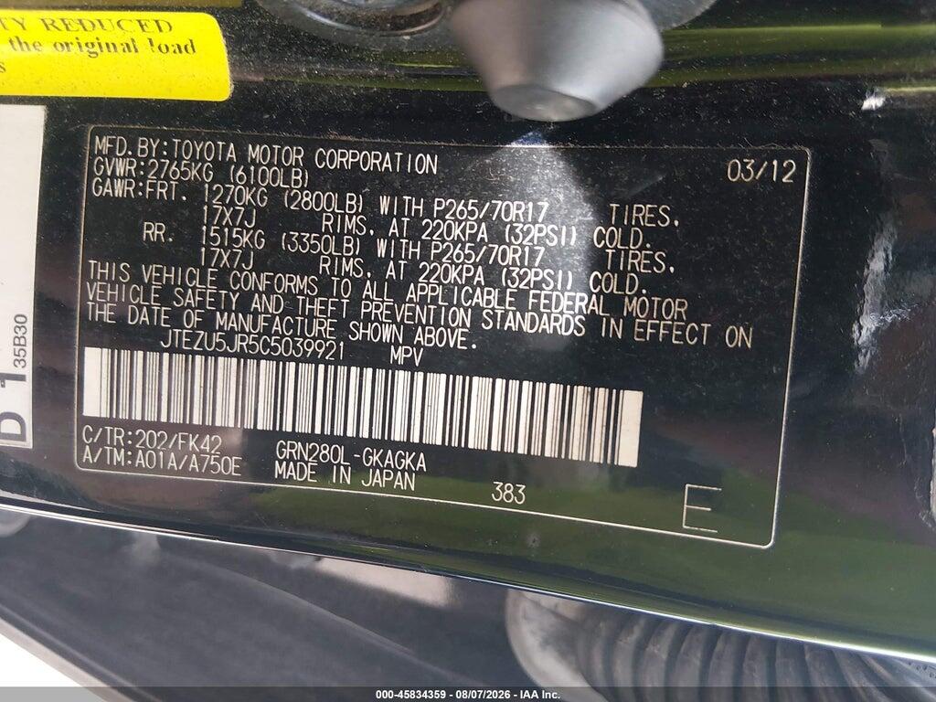 JTEZU5JR5C5039921 2012 TOYOTA 4RUNNER photo no. 9